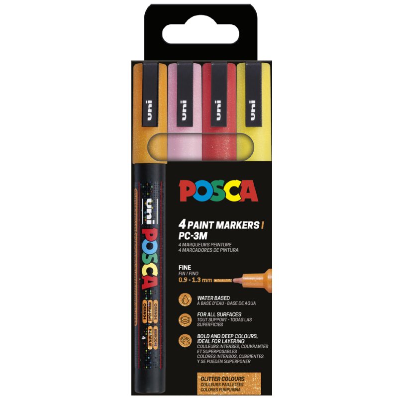POSCA marqueurs pigmentés PC3ML Paillettes, 4 pièces, couleurs assorties
